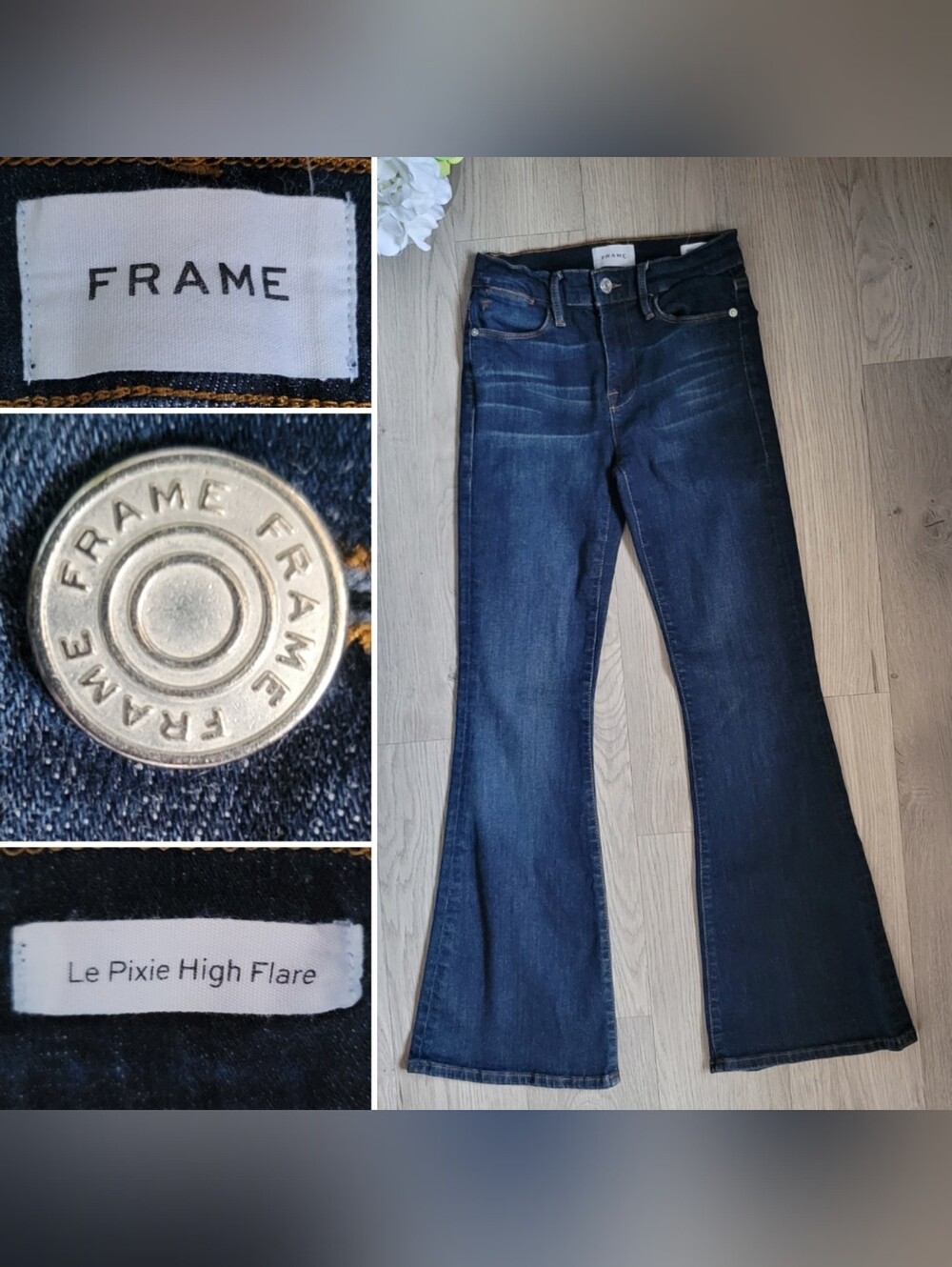 FRAME Le Pixie High Flare Dark Blue Denim Jeans, Women's US 26/2